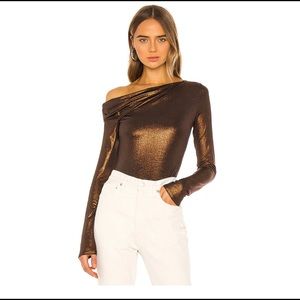 ALIX NYC Metallic Bronze One-Shoulder Long Sleeve Bodysuit